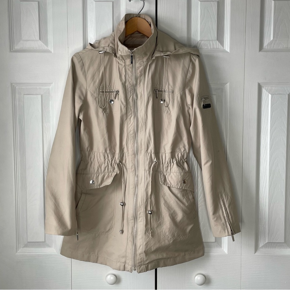 Laundry by Shelli Segal Women's Cinch Waist Rain Coat Size M ‎ Hooded Pockets